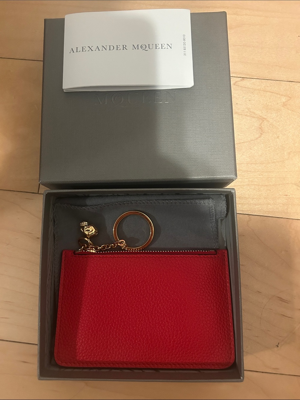 Alexander McQueen Red Leather Zip Card Holder with Gold Keyring